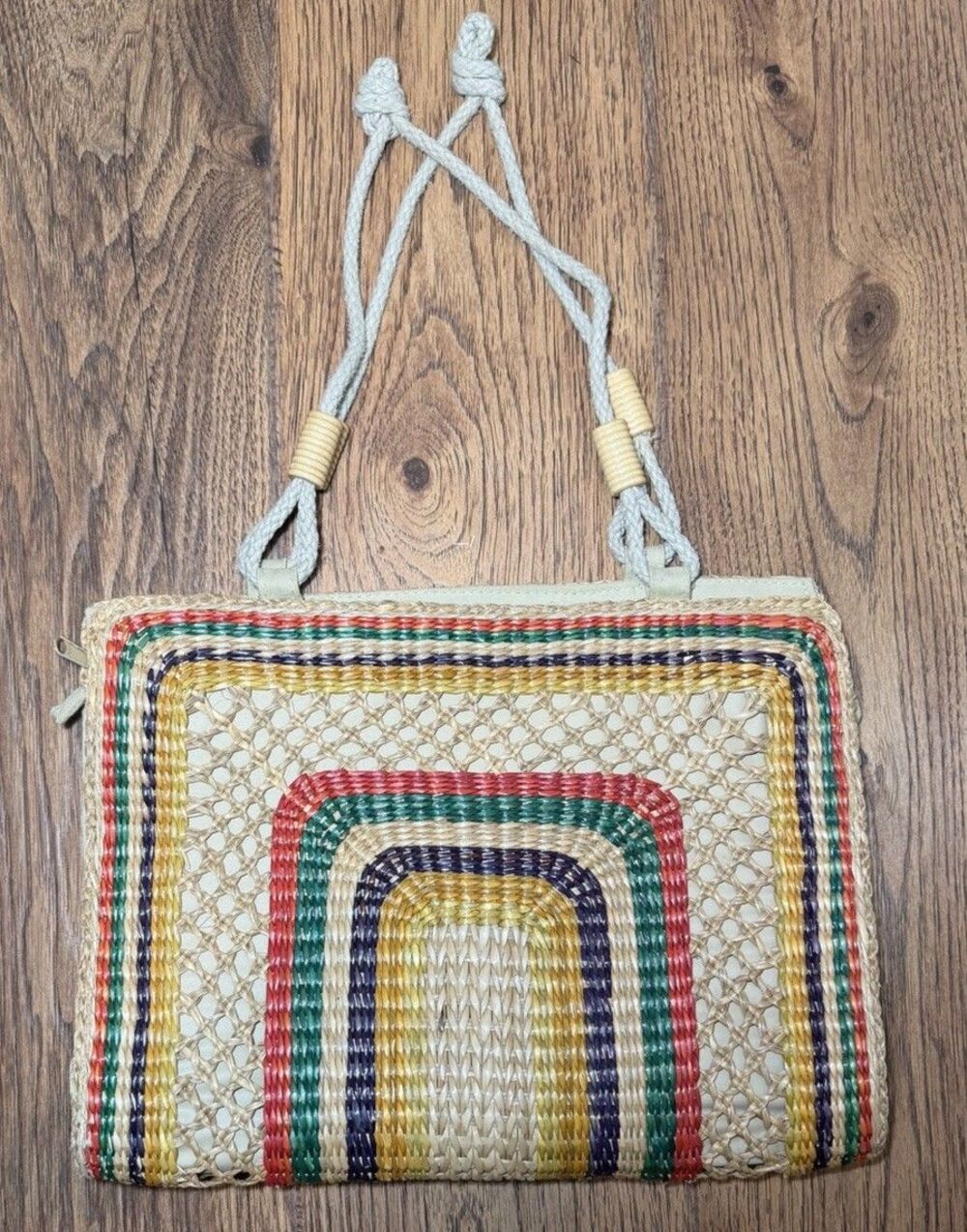 Vintage Rainbow Woven Straw Rattan Tote Rope Handle Boho Beach Purse 1970s